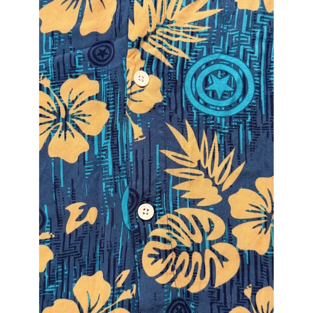 Marvel Captain America Mens XXL Blue Tropical Hibiscus Aloha Button Down Shirt - Picture 3 of 6